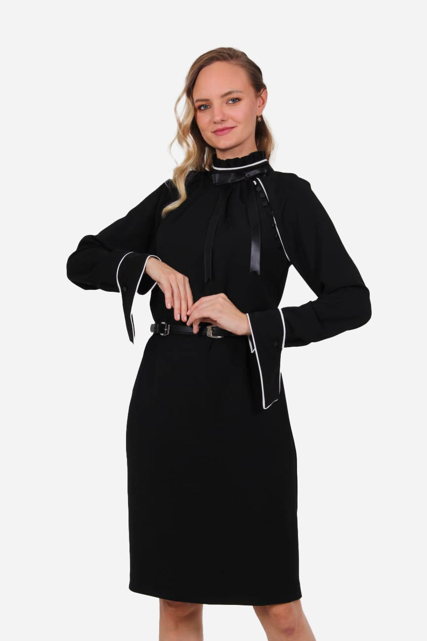 Siyah Fiyonk Yaka Elbise – Yüksek Yaka, Kışlık Zarif Model | FRN LINE