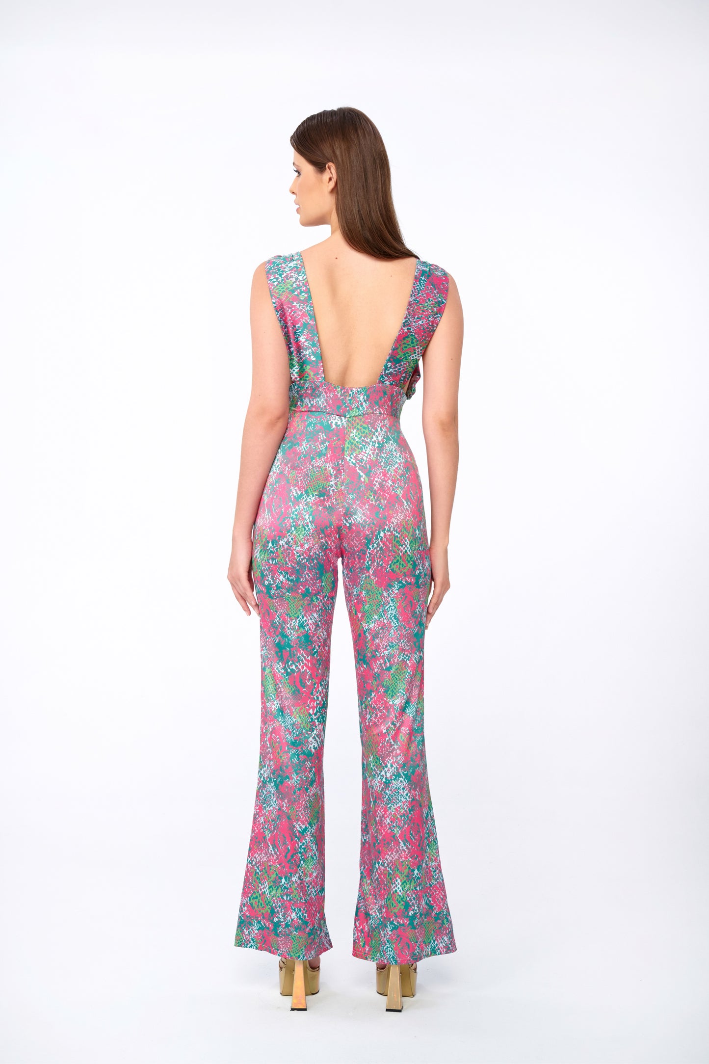 Vesper – Plunge Jumpsuit in Glossy Pink Python