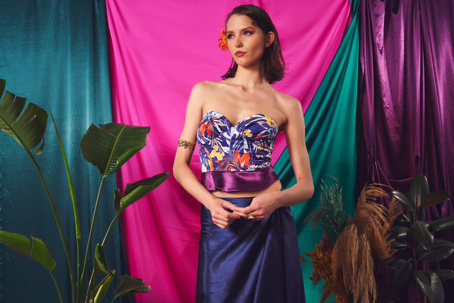 Mira – Patchwork Bustier Top with Floral Contrast