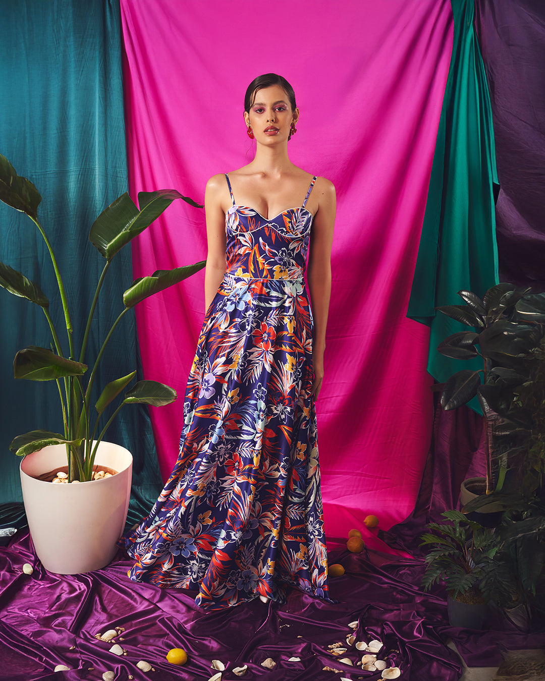 Liora – Bustier Maxi Dress in Twilight Tropic