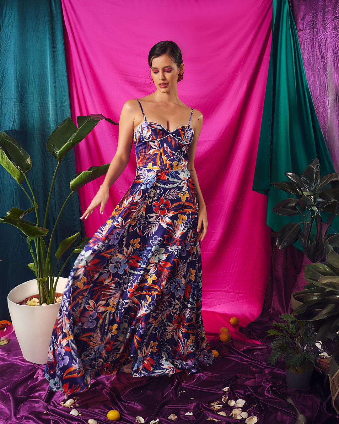 Liora – Bustier Maxi Dress in Twilight Tropic