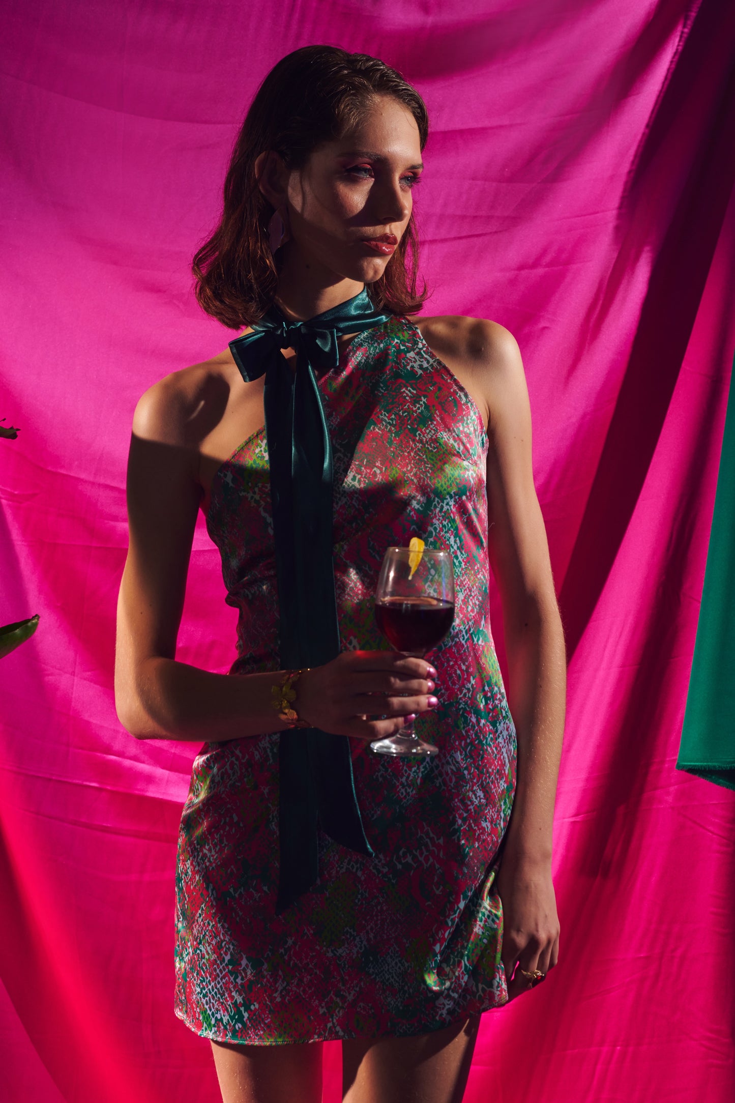 Cleo – Cutout Satin Dress with Printed Skirt