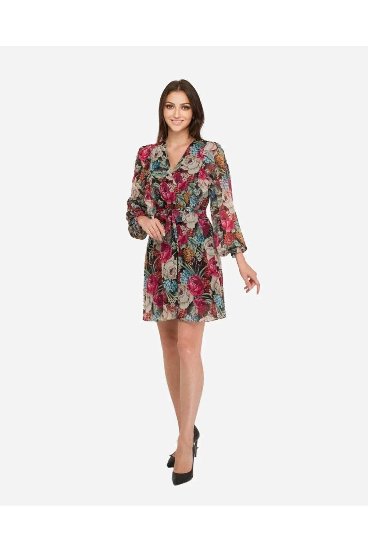 Siyah Çiçekli Mini Elbise – Hafif Dokulu, Günlük Romantik Stil | FRN LINE