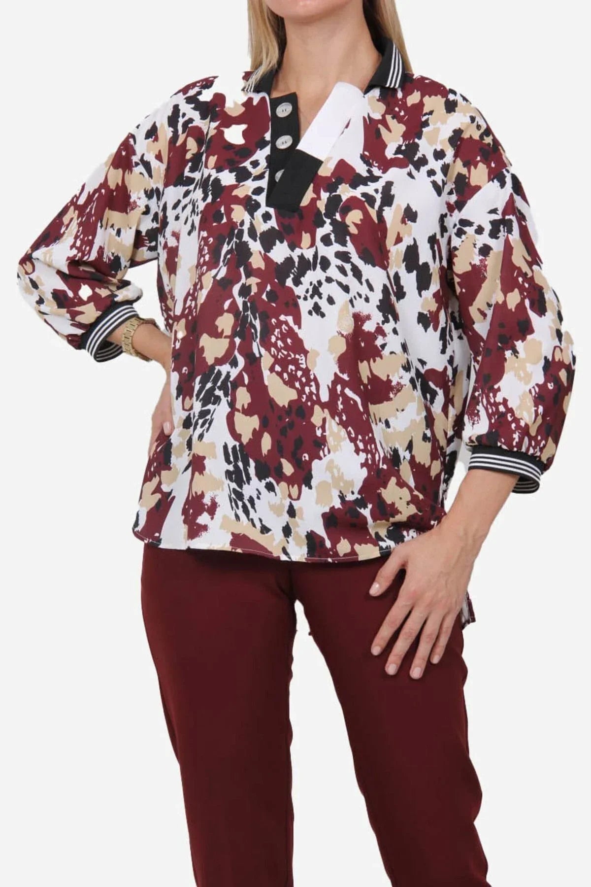 Kırmızı Leopar Desenli Bluz – Dökümlü Fit, Vahşi Detaylı Trend Parça | FRN LINE