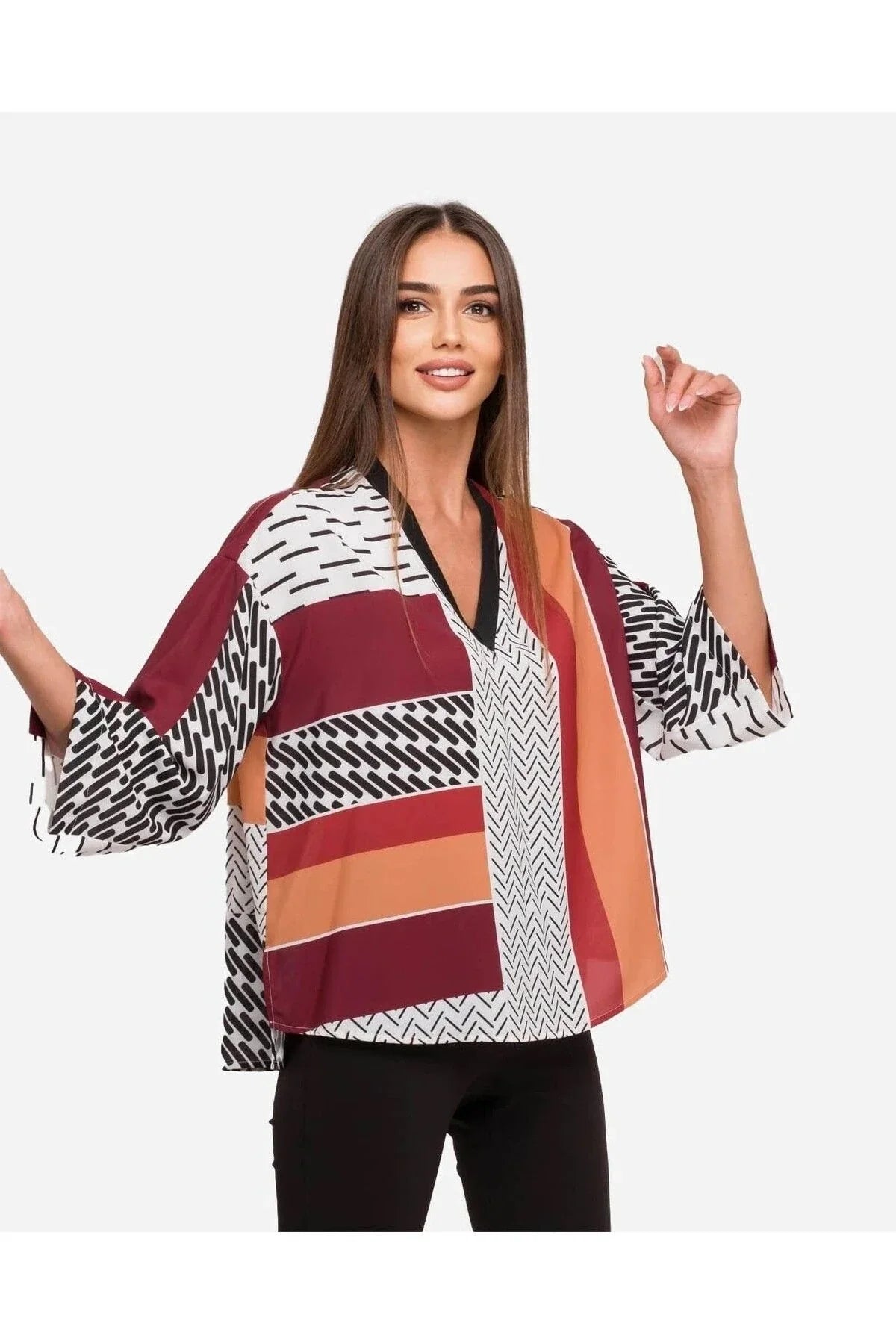 Kırmızı Blok Renkli Bluz – Geometrik Desenli, Modern Kesim | FRN LINE