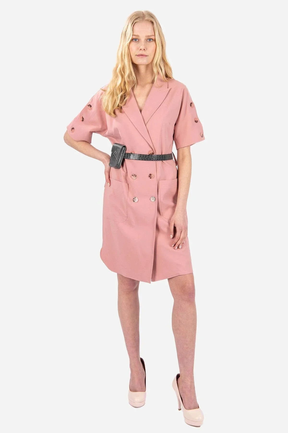 Pembe Ceket Yaka Kruvaze Mini Elbise – İnce Dokulu, Şehir Stili | FRN LINE