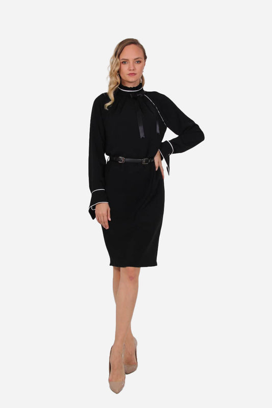 Siyah Fiyonk Yaka Elbise – Yüksek Yaka, Kışlık Zarif Model | FRN LINE