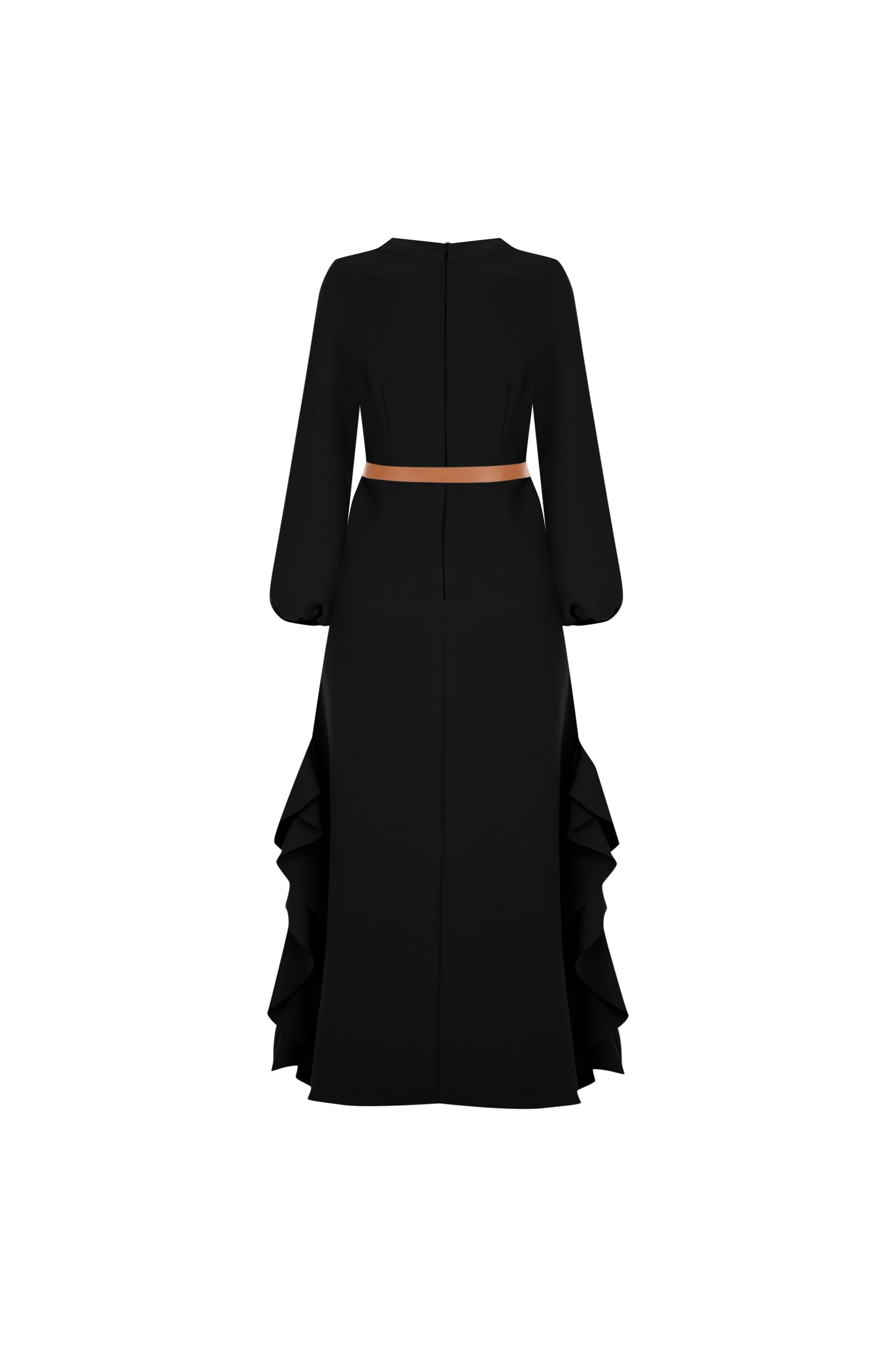 Siyah Volanlı Elbise – Diz Üstü, Yırtmaç Detaylı, Feminen Form | FRN LINE