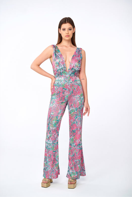 Vesper – Plunge Jumpsuit in Glossy Pink Python