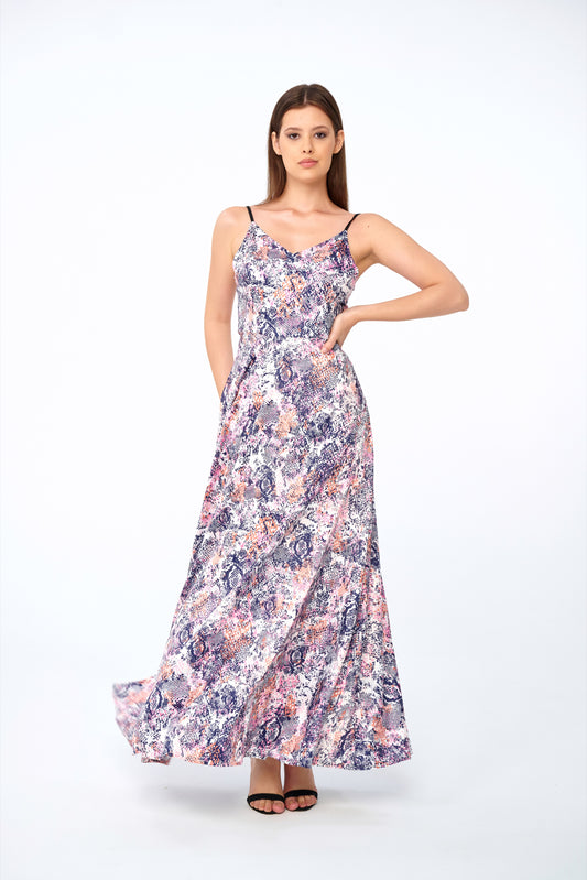 Selene – Printed Satin Slip Dress in Orchid Snake