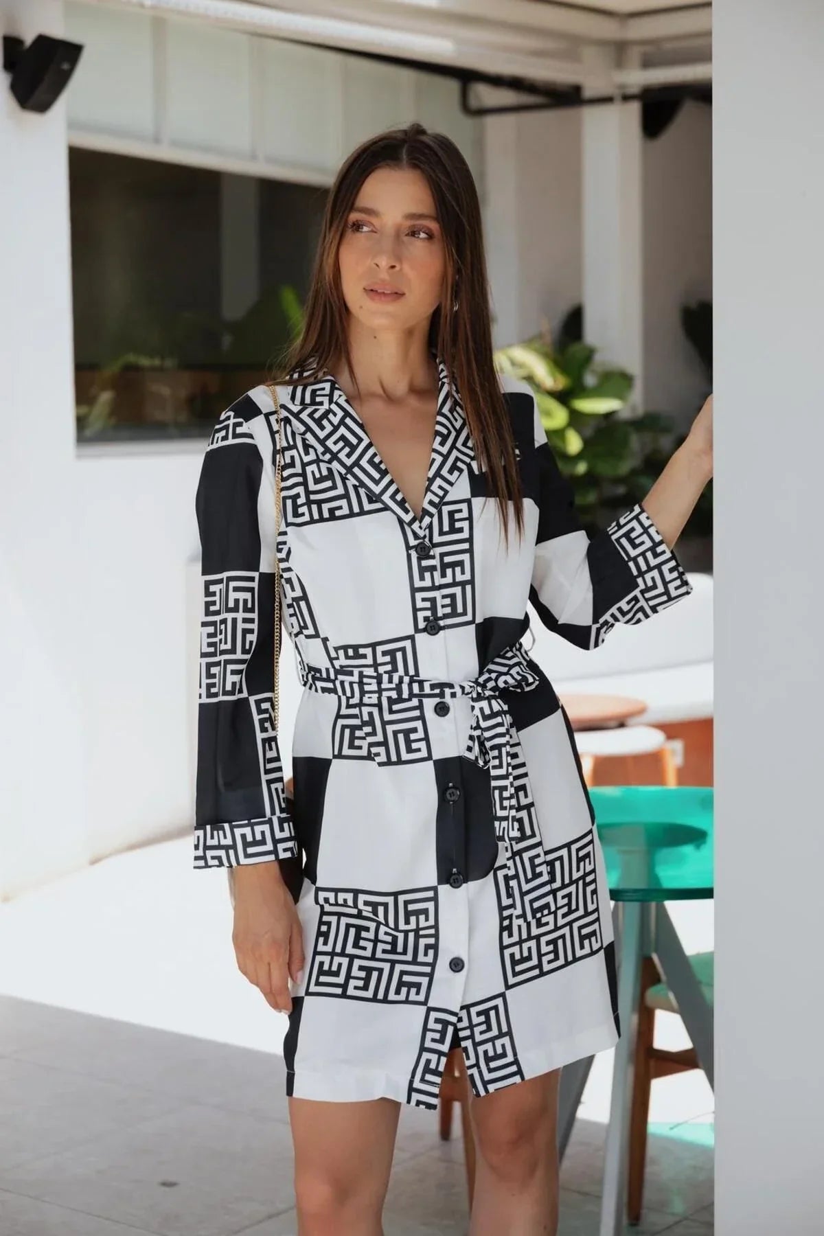 Lacivert Ceket Yaka Mini Elbise – Desenli, Belden Oturan Kesim | FRN LINE