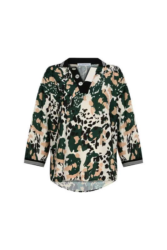 Yeşil Leopar Desenli Bluz – Hafif Yırtmaç Detaylı, Günlük Stil | FRN LINE